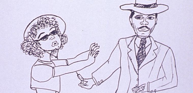 Black and white drawing of an African American man in a suit offering a needle to an African American woman who has her arms