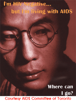 Full face view of an Asian-American man wearing glasses looking to the side. The title I'm HIV negative but living with AIDS is written in yellow letter at the top. On the bottom right corner Where can I go is written in white lettering.