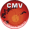 An orange button with an image of cellular view of a retina infected with the cytomegalic retinitis virus. In white lettering at the top is the word CMV. At the bottom also in white lettering are the words Cytomegalic Retinitis.