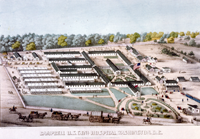 Color illustration of wooden barracks, tents and several horse drawn wagons of Campbell Army Hospital. Courtesy Historical Society of Washington, D.C.