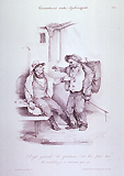 A caricature of two men, one seated on a bench, discuss the merits of liquor as a cure for cholera.