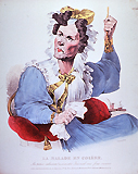 An upset woman seated in a chair; right hand clutching handkerchief, left arm holding cord as she rings for the servants.