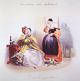 Caricature: Two women, one seated next to a table with two bottles; the other woman stands to the right with her right hand to her cheek holding a handkerchief, she is pregnant and perhaps concern about cholera has led her to seek traditional remedies.