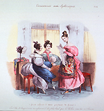 Three women in a shop, one standing and holding a newspaper, the other two sitting with a mannequin between them. To the left is a bonnet on a stand in a work area.