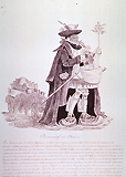 A man is wearing and carrying various protective measures against cholera. He has a face mask, large protective devices for his feet, a pot on his head, and is holding plants in each hand. He is towing a wagon of household items. 