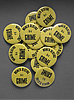 Several yellow metal buttons that read 'Women beating is a crime.'