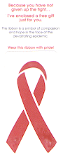 A Card with a color sticket attached. At the top in red lettering is because you have not given up the fight, I've enclosed a free gift for you. Below that in black lettering is this ribbon is a symbol of compassion and hope in the face of this devastating epidemic. Below that in red lettering is Wear this ribon with pride! A sticker attached to the card has a red AIDS ribbon on it.
