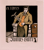 Bookplate for Ex Libris Julius Buri featuring a color lithograph of a man leaning against a stack of books holding a rod of Asclepius in his left hand.
