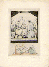 A hand colored bookplate etching of Ex Libris Dr. Fritz Murath. The etching is of a surgical operation room with a doctor leaning over the patient with five other surgically garbed people in the scene. On the bottom is an illustration of a mountain with a backpack, pickaxe, and skis on the ground.