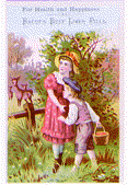 A color trade card for Bacot's Best Liver Pills featuring an illustration of a boy and girl standing near a fence with deer on the other side. The boy is holding a pail behind his back.