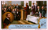 Color lithograph trade card with the title Cubes de Bouillon Oxo, Chimistes Celebres, inauguration de l'Ecole Chimique a Londres par A. G. Hofmann (1846) on the bottom. An inset of the head and shoulders right side view of a man with a beard. The marjority of the lithograph is a man at a podium speaking to man seated around the room as two men carry out a chemical experiment behind him.