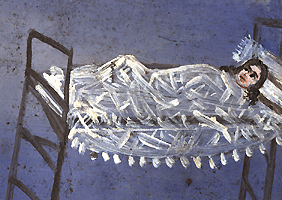 Dettaglio di una ragazza pallida e serena che soffre di polmonite doppia giace su di un letto mentre due parenti donne in ginocchio supplicano Nostra Signora del Rosario per la guarigione della ragazza, olio su stagno, 1925, 7-1/5 x 10-3/4, in Messico. Cortesia Historia Antiques.