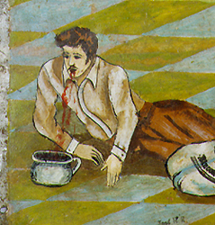 Primer plano de un hombre sangrado de la nariz y la boca se encuentra a su lado mientras escupe sangre en una pequeña cuenca 1939, óleo sobre hojalata. Cortesía The University Art Gallery, New Mexico State University.