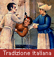 Un medico, il suo assistente, e un infermiere prendersi cura della sua ferite in un ospedale locale. Tradizione italiana è scritto in caratteri bianchi su fondo rosso