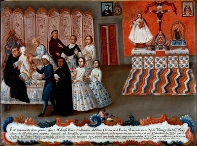 The Peres-Maldanado ex-voto shows a woman undergoing breast cancer surgery. Surrounded by her surgeon, religious leaders, female family members, and attendants, Doña Josefa calmly and serenely lies in bed as the surgeon performs a mastectomy using only a scalpel and scissors, 1777, oil on canvas, 27-1/4 x 38-1/2.  Courtesy Davis Museum and Cultural Center, Wellesley College, Wellesley, Massachusetts.