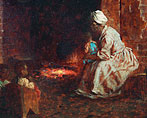 African American woman with child on her knee tends to a cook fire in a dark room.