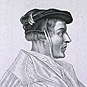A man (Agrippa) in profile to the right, and seated wearing a hat and robes.