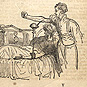 Funnel-like instrument connects left arm of woman lying in bed to right arm of man standing nearby.