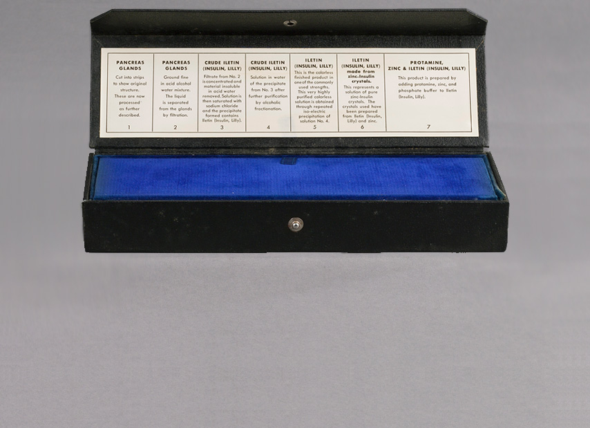 Rectangular sales kit with lid open showing label.
