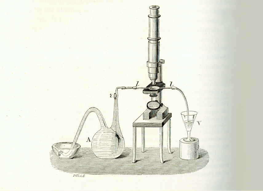 Drawing of a laboratory set up linking a Pasteur flask to a microscope using rubber tubing.