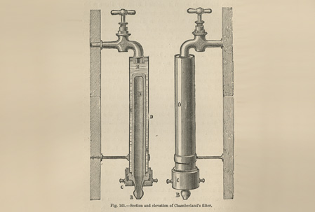 Drawing of filter seated in metal pipe-like case with spigot on top, shown with a cut-away view of the same filter.