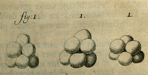 Three black and white drawings of globules of yeast.  Yeast are represented by groups of spheres arranged in small clusters.