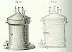 Diagram of cylindrical beer vat and a cross-section of the same beer vat showing various parts.