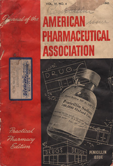 Pharmacetical booklet cover with a photograph a vial and graphic illustrations of drug stores.