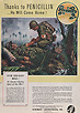 Magazine page featuring an illustration of a military field medic administering an injection in the arm of a soldier lying on the ground.