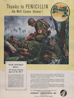 Magazine page featuring an illustration of a military field medic administering an injection in the arm of a soldier lying on the ground.