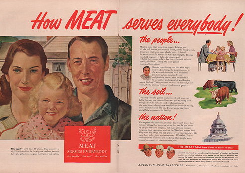 Magazine spread featuring an illustration of a smiling man, woman, and blond girl; a family of four at a dinner table; three cows; the dome of the U.S. Capitol.