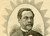 Head and shoulders drawing of Louis Pasteur surrounded by a starburst pattern.