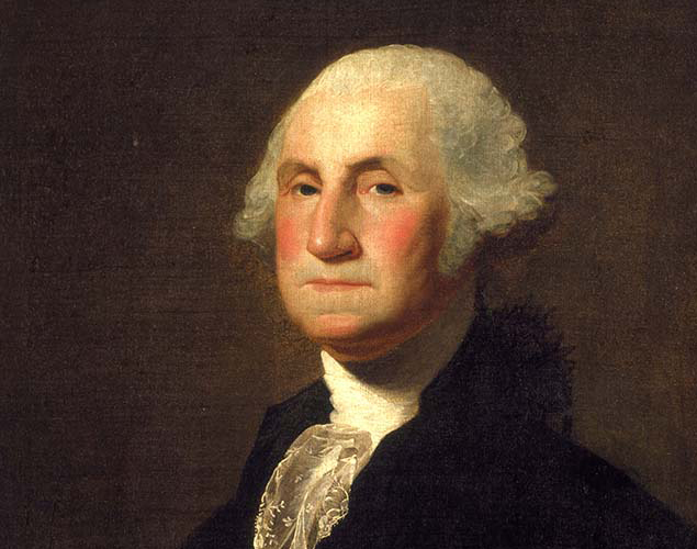 Side view of George Washington with white curly hair and lips closed tightly in a straight line.