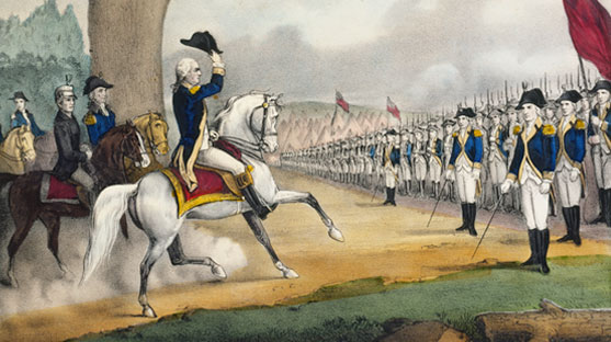 Washington on a white horse saluting to the American Army with his hat.