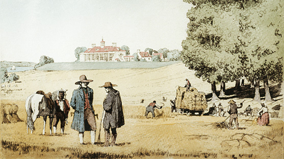 Farmers tending to the land in the forefront with Mount Vernon in the background.