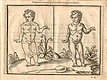 Woodcut illustration of two nude male child facing anatomical figures, both images in identical poses facing slightly to the left in a pastoral setting, with the left hand image showing the proportions of the figure measured out, from Jehan Cousin’s Livre de pourtraiture, NLM Call no.: WZ 250 C8673L 1608.