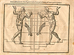 Woodcut illustration of two nude male anatomical figures descending stairs, viewed from front and back, both images in identical poses facing each other with both hands uplifted with hands open, with the left hand image showing the proportions of the figure measured out, from Jehan Cousin’s Livre de pourtraiture, NLM Call no.: WZ 250 C8673L 1608.