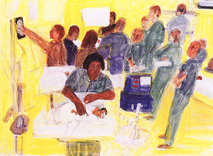 A color ink drawing of a nurse in the premature intensive care unit preparing a baby in an isolette for surgery. In the back of the unit, a neonatologist has rounds with her medical students and interns, going from one isolette to another.