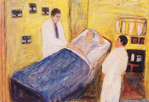 The chief of surgery at the National Cancer Institute feels the chest of a patient lying in a hospital bed. The nurse alongside the therapeutic infusion monitors the drips.