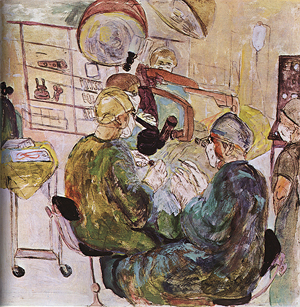 A color image of a cataract surgery. Two doctors are seated with bending over the patient. A nurse appears in the bottom right of the image.