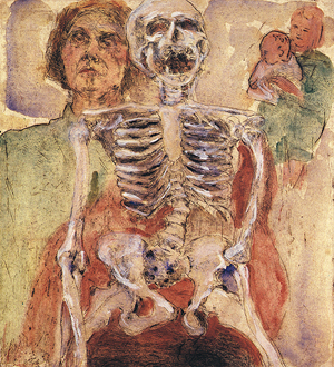 A color etching with a skeleton in the center, a head and shoulders pose of the artist May H. Lesser in the upper left corner, and an image of a mother holding her child in the upper right corner.