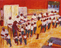 A color ink drawing of a cafeteria with children holding trays on one side of the serving line and servers on the other. An adult stands in the middle of the cafeteria watching.