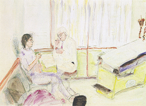 A color ink drawing of a  doctor is seating in the corner of a hospital room reviewing the heavy chart of his patient, who is also seated with an oxygen box by his feet.
