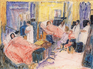 A hospital room with patients in each bed. On the left, a surgeon stands on the left side of the bed. On the right two men in white lab coats stand at the foot of the bed while there are two people seated on both sides of the bed.