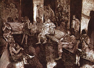 A black and white drawing of a clinic waiting room full of patients.