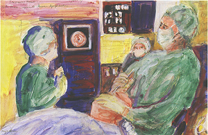 A color ink drawing of a patient undergoing bronchoscopy. A doctor has inserted a scope with an attached television camera into the trachea and the two attending physicians are watching the image on a monitor.