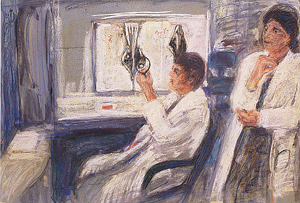 A color ink drawing of a radiologist viewing a mammogram on the light box and holding her loupe at a cyst in the breast, as she dictates her findings into the tape recorder. A young intern stands in the doorway looking fearful.