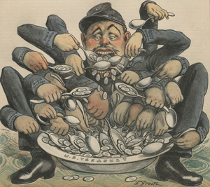 Color illustration of a uniformed man with many arms, dipping spoons into a bowl of coins that represents government pension funds.