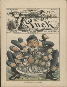 Color illustration, titled 'The Insatiable Glutton,' showing a uniformed man with many arms, dipping spoons into a bowl of coins that represents government pension funds.