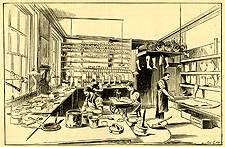Illustration of a workroom where several men use machines and tools to craft prosthetics.